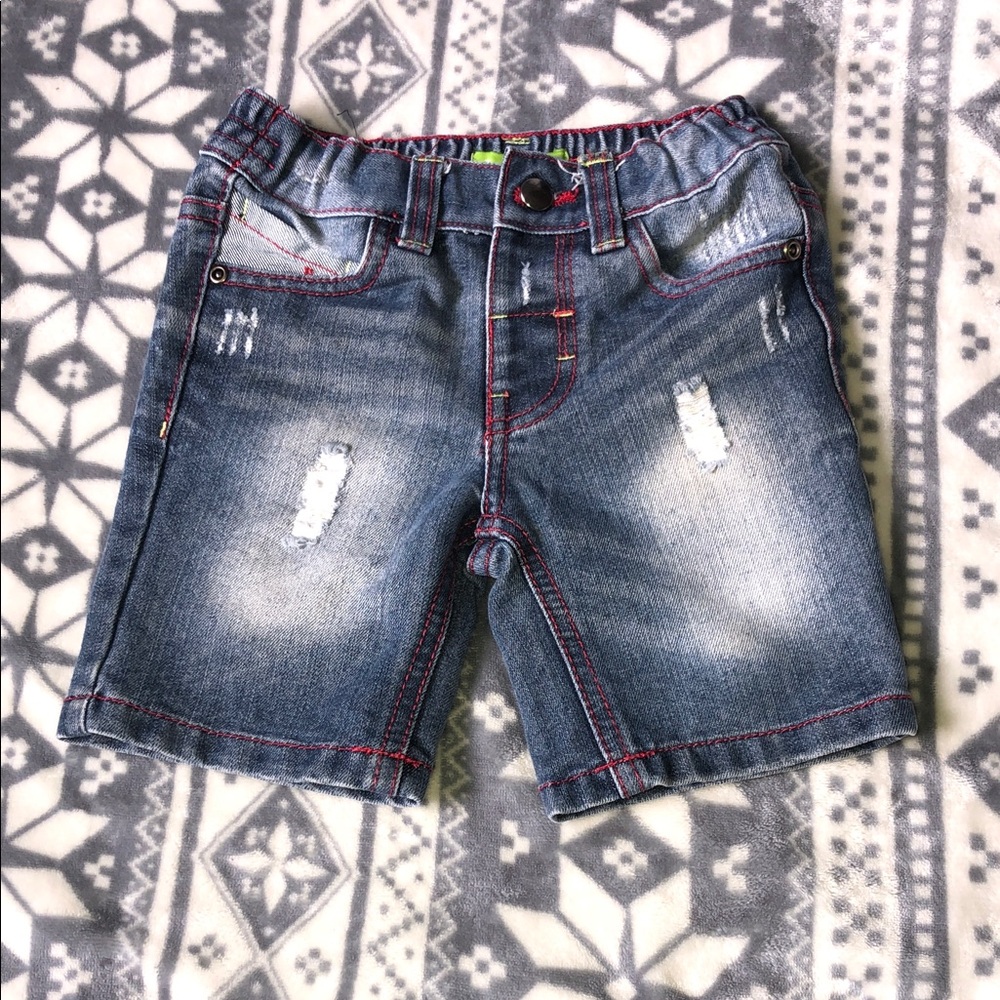 Kids Denim Shorts in Washed Blue with Red Topstitching